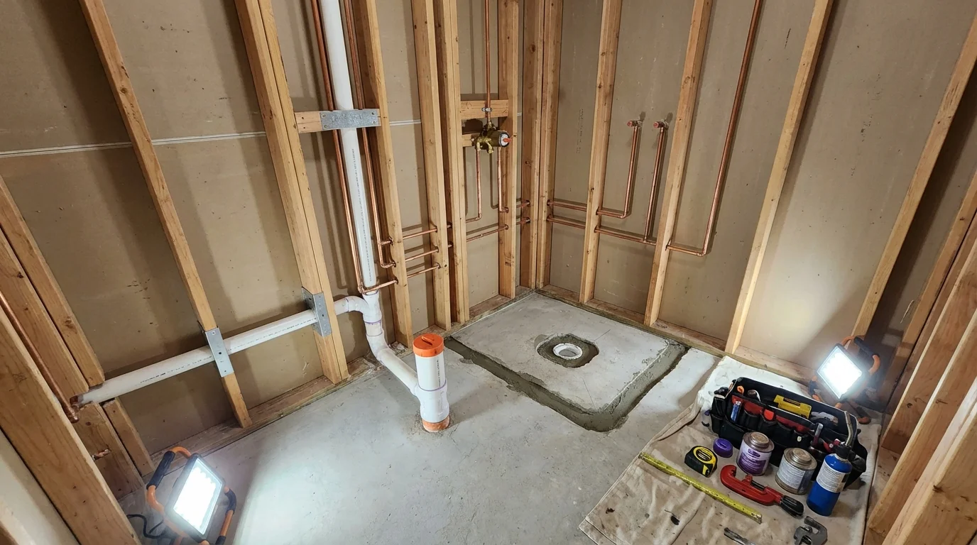 Bathroom rough-in plumbing during remodel by Johns Plumbing LLC in Onarga