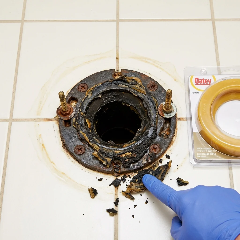 Failed wax ring showing water seepage at the base of a toilet in a Onarga, IL home
